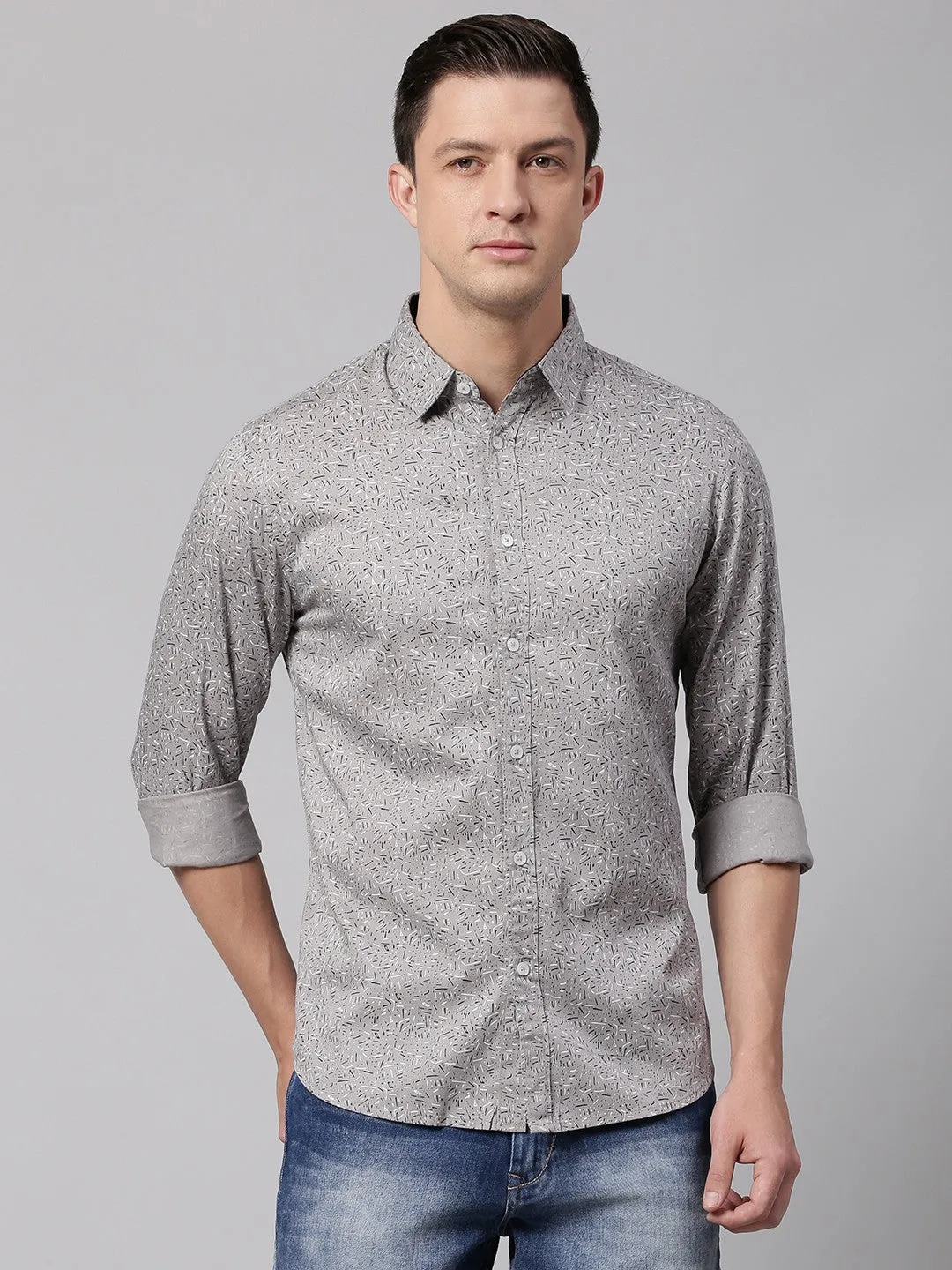 Men's Grey Slim Fit Printed Casual Shirt