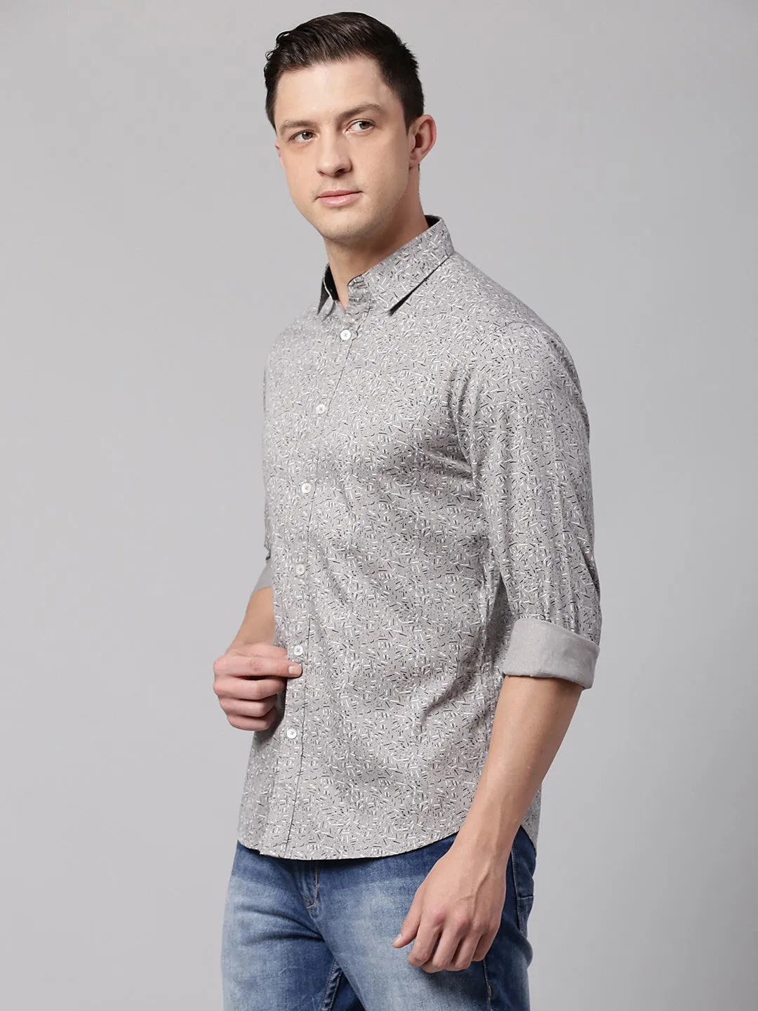 Men's Grey Slim Fit Printed Casual Shirt