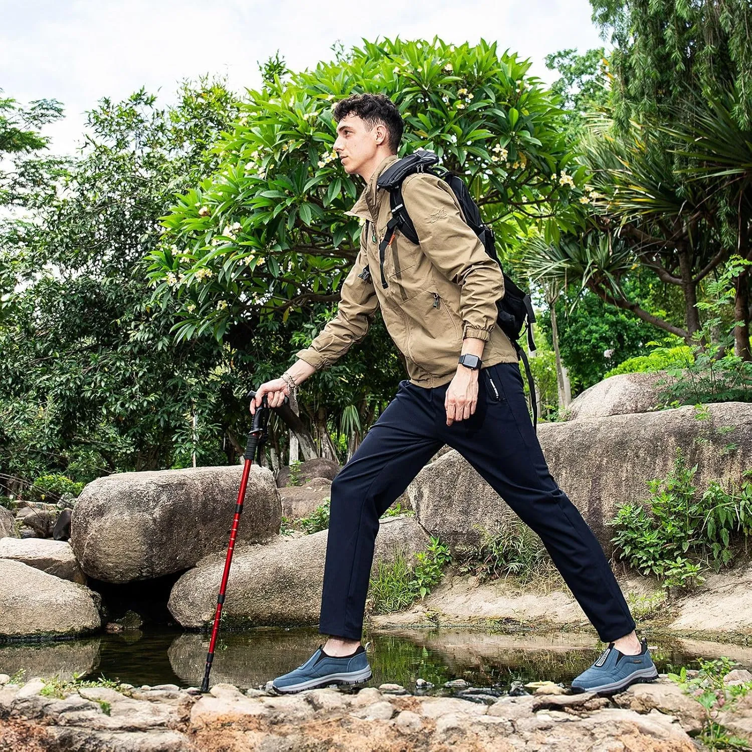 Men's Hands Free Slip in Loafers Walking Shoes for Men Slip on Leather Casual Comfortable Breathable Hiking Working All-Terrain Ankle Boots Trekking