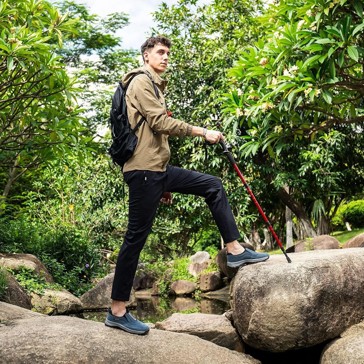 Men's Hands Free Slip in Loafers Walking Shoes for Men Slip on Leather Casual Comfortable Breathable Hiking Working All-Terrain Ankle Boots Trekking