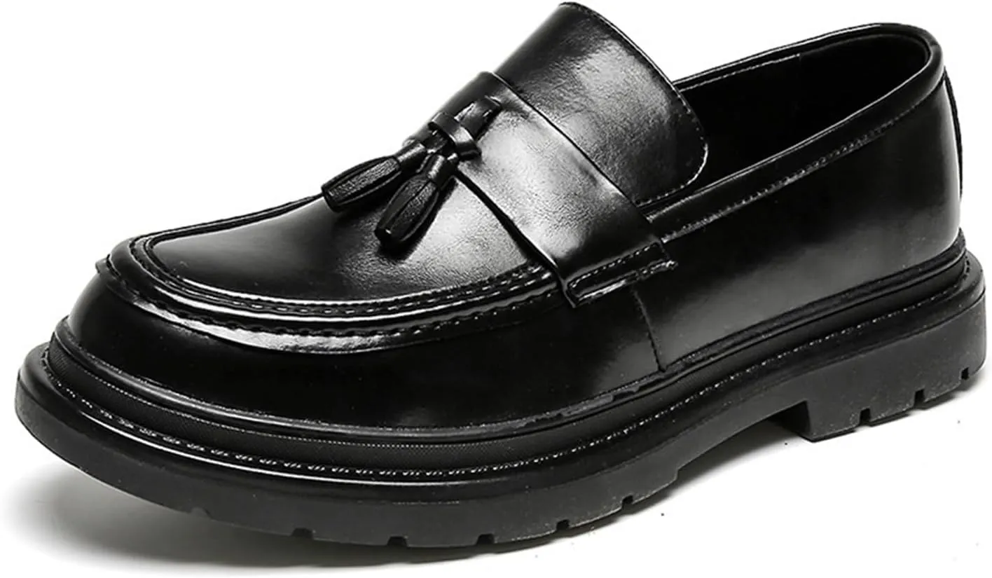 Men's Leather Fashion Round Toe Tassel Loafers Slip-On Formal Business Dress Shoes Outdoor Lug Sole Walking Casual Shoes for Men