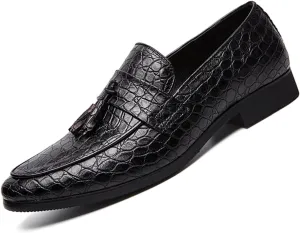 Men's Leather Print Dress Loafers with Tassel Decor Fashion Classic Point Toe Handmade Slip-on Penny Loafer Low Top Non-Slip Luxury Business Formal Shoes