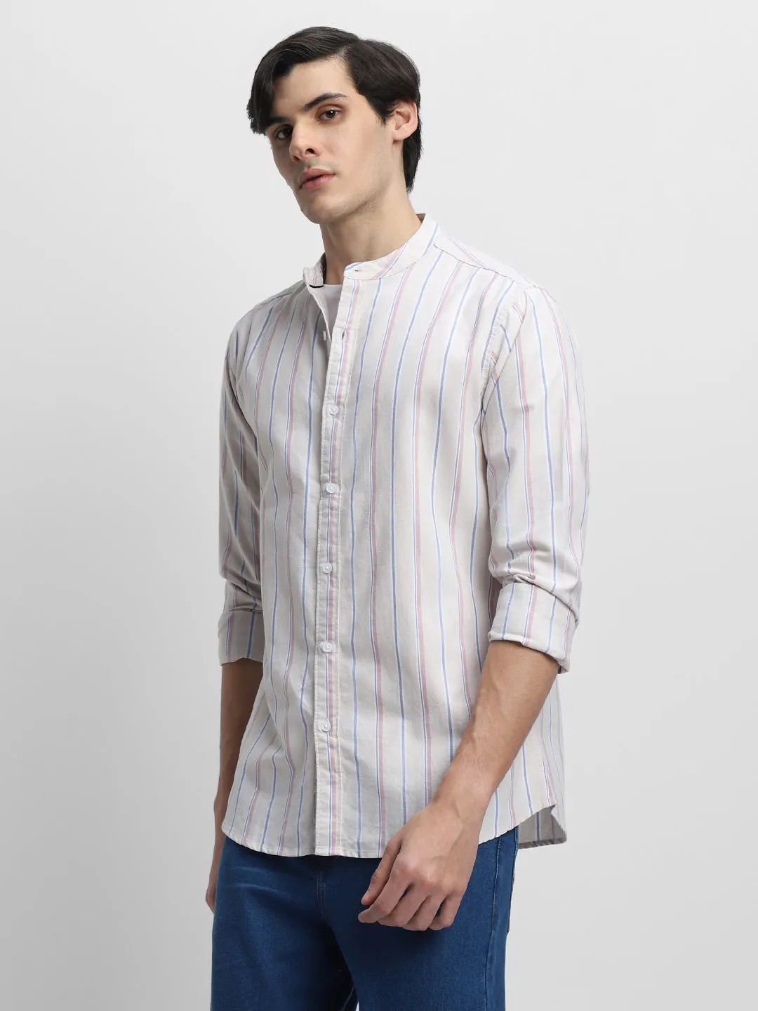 Men's Mandarin Collar Full Sleeves Khaki Shirt