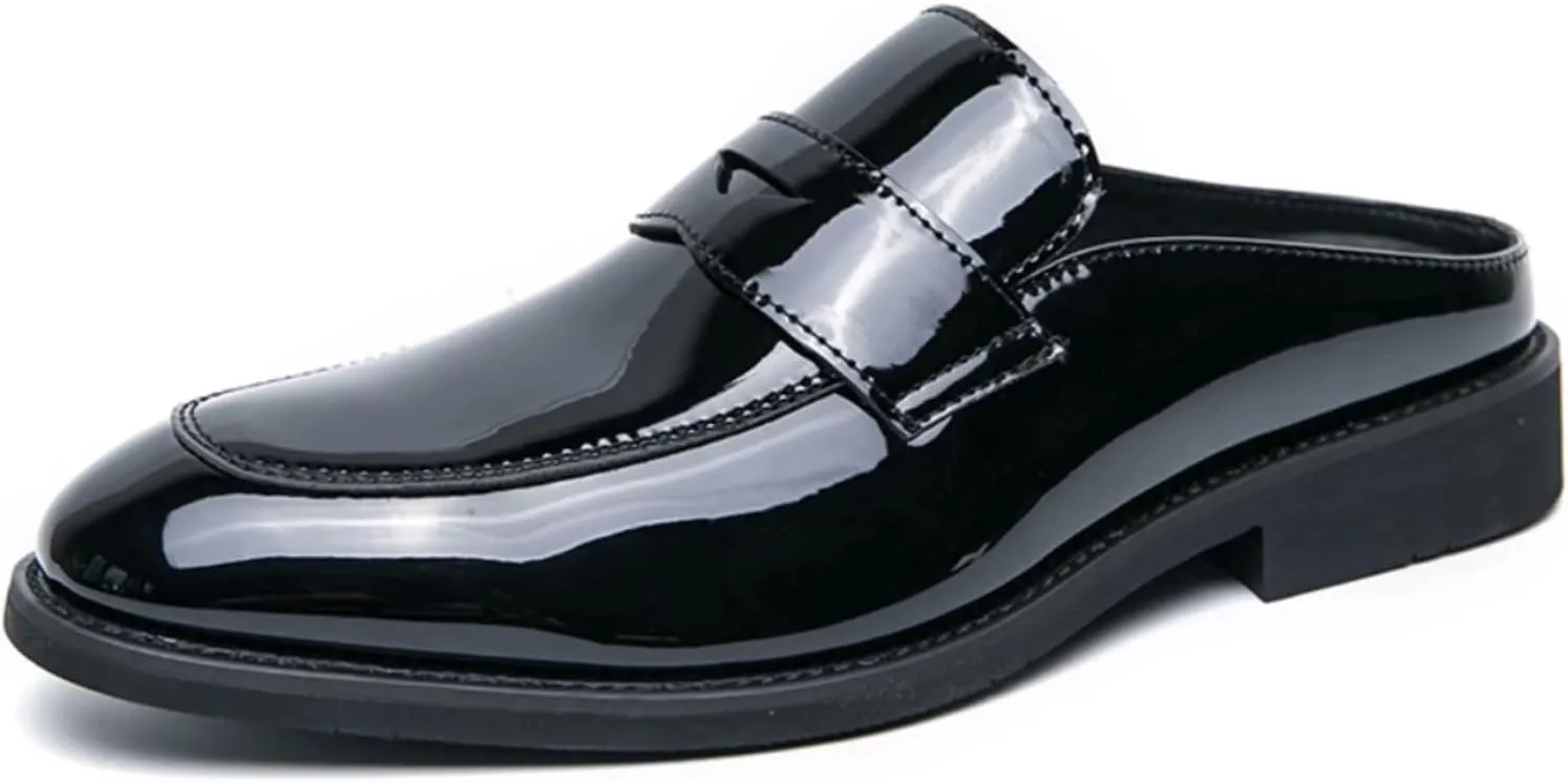Mens Patent Leather Slip-On Dress Mule Sandals Summer Wingtip Backless Smoking Slippers Formal Business Party Half Loafers