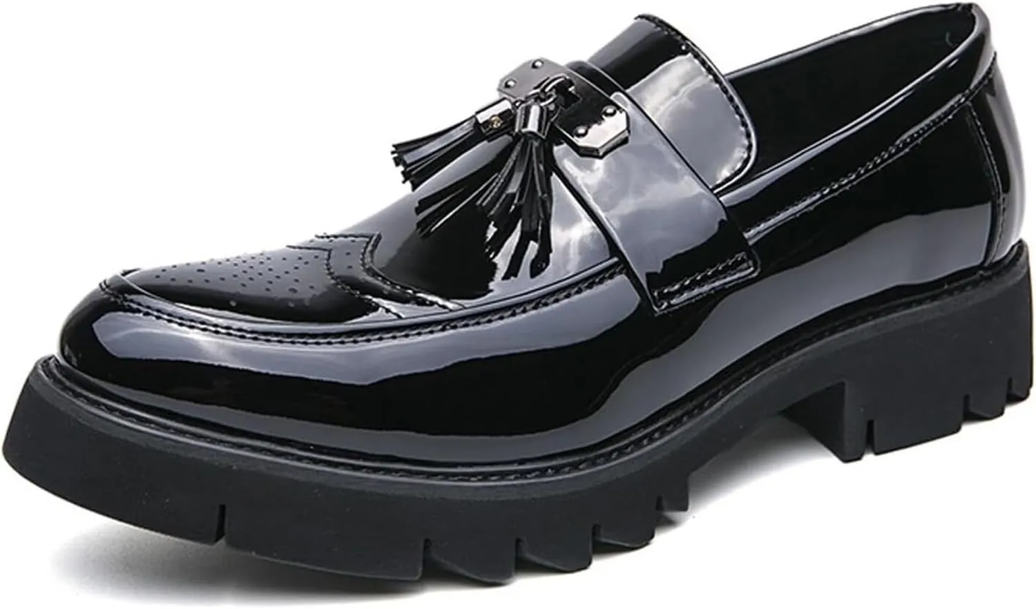Men's Patent Leather Slip-On Platform Loafer Shoes with Tassel Fashion Round Toe Low Top Lug Sole Non-Slip Business Dress Shoes for Party Dating Prom Casual Loafers for Men