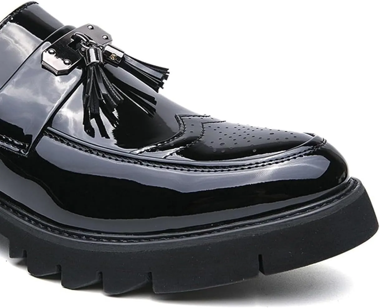 Men's Patent Leather Slip-On Platform Loafer Shoes with Tassel Fashion Round Toe Low Top Lug Sole Non-Slip Business Dress Shoes for Party Dating Prom Casual Loafers for Men