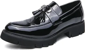 Men's Patent Leather Slip-On Platform Loafer Shoes with Tassel Fashion Round Toe Low Top Lug Sole Non-Slip Business Dress Shoes for Party Dating Prom Casual Loafers for Men