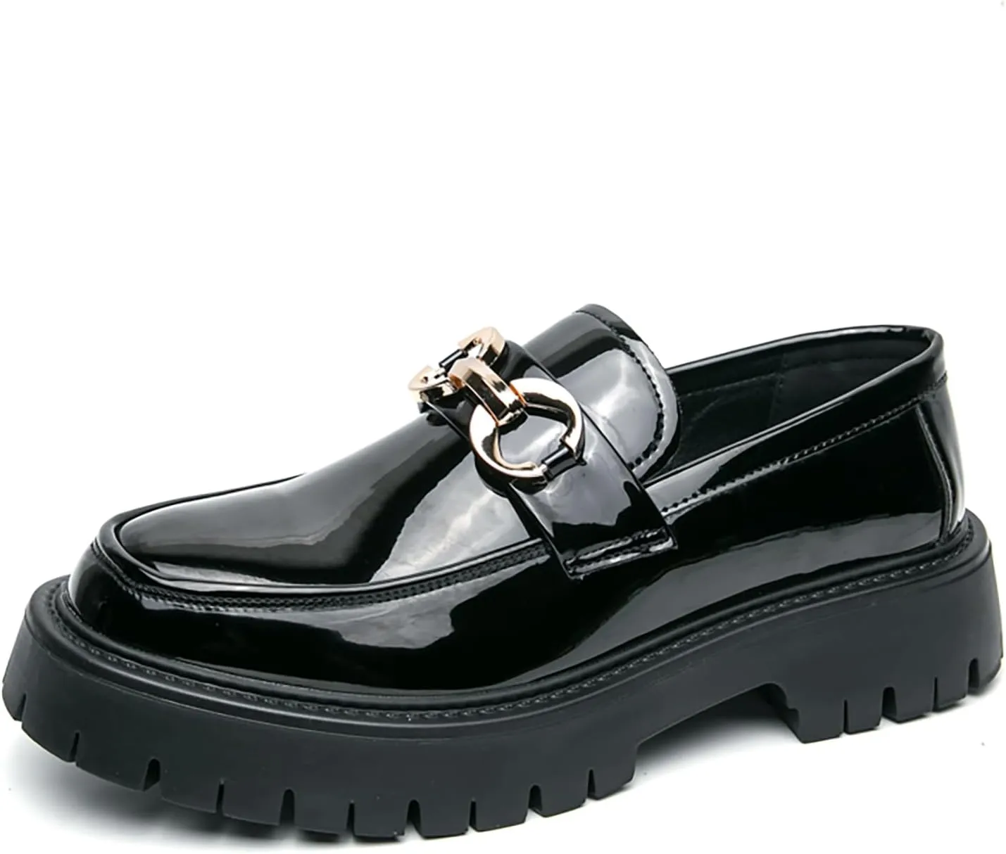 Men's Patent Leather Slip-On Platform Loafers Luxury Round Toe Metal Decorationfor Non-Slip Lug Sole Business Casual Work Shoes with Business Office Party