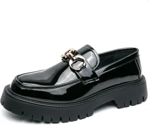 Men's Patent Leather Slip-On Platform Loafers Luxury Round Toe Metal Decorationfor Non-Slip Lug Sole Business Casual Work Shoes with Business Office Party
