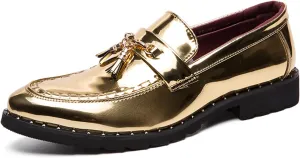 Men's Patent Leather Tassel Slip-On Loafers Shine Golden Wingtip Low Top Prom Shoes Luxury Penny Shoes for Party Perform Socialize