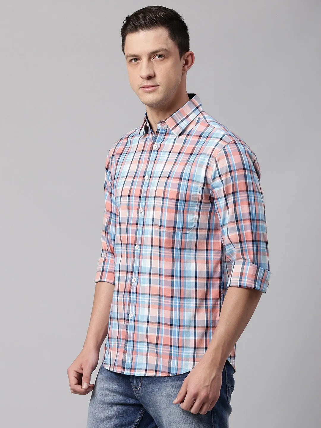 Men's Regular Collar Slim Fit Checks Black Casual Shirt