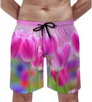 Men's Short Swim Trunks Pink Tulips Landscape Quick Dry Bathing Suit Beach Swimsuits