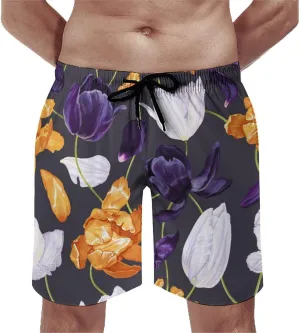 Men's Short Swim Trunks Pink Tulips Landscape Quick Dry Bathing Suit Beach Swimsuits