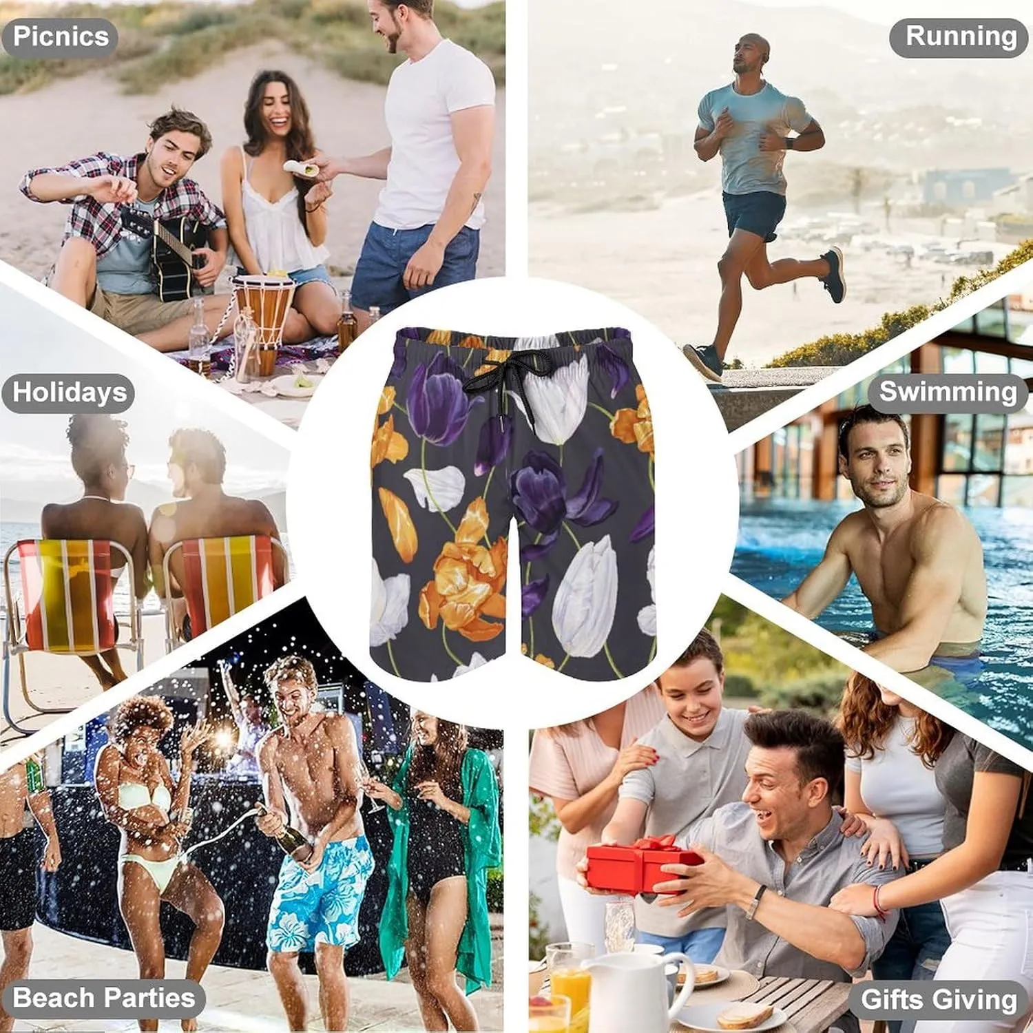 Men's Short Swim Trunks Pink Tulips Landscape Quick Dry Bathing Suit Beach Swimsuits