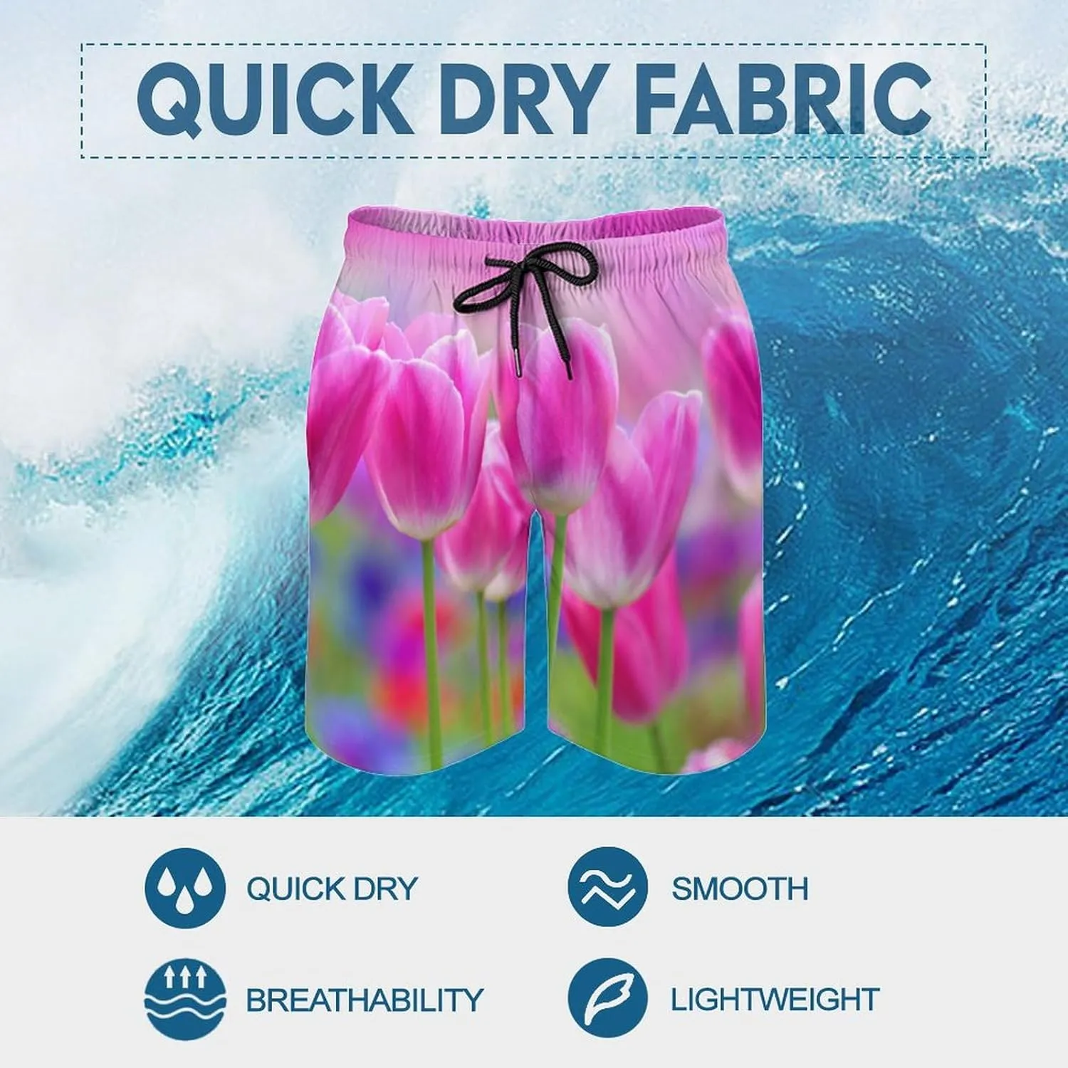 Men's Short Swim Trunks Pink Tulips Landscape Quick Dry Bathing Suit Beach Swimsuits