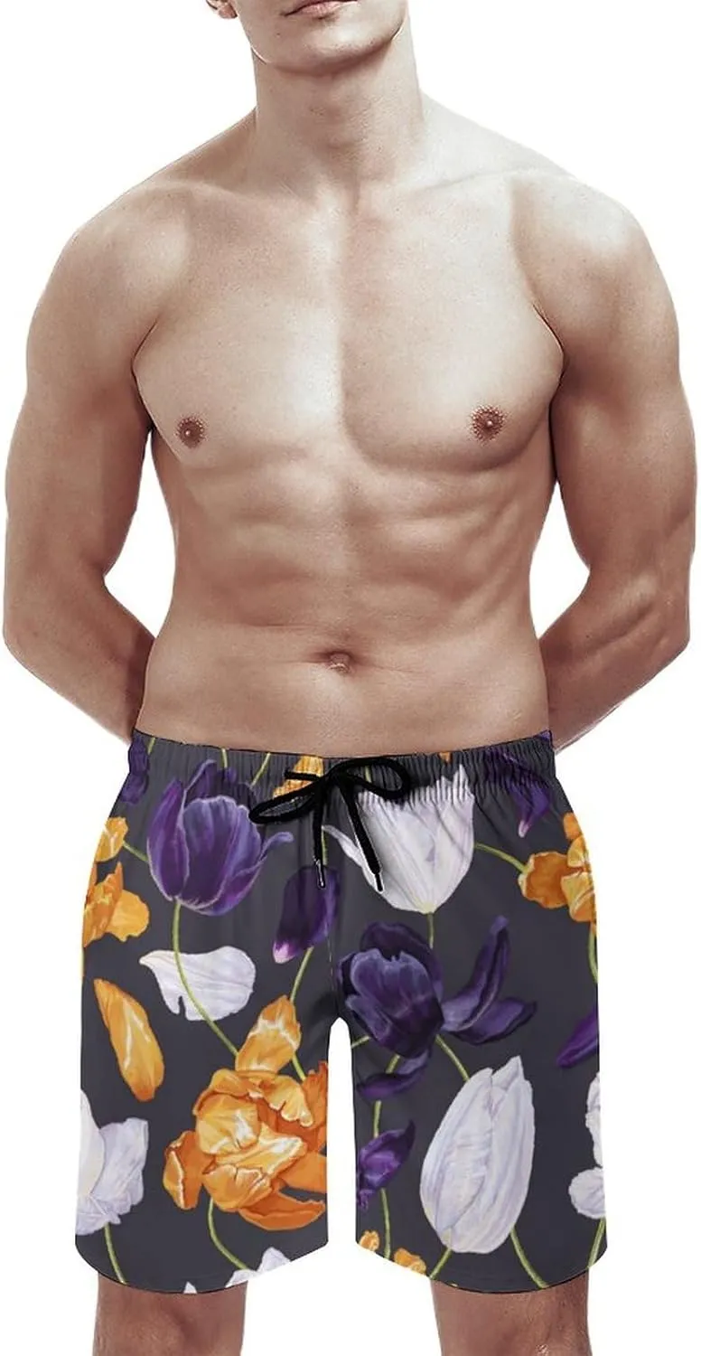 Men's Short Swim Trunks Pink Tulips Landscape Quick Dry Bathing Suit Beach Swimsuits
