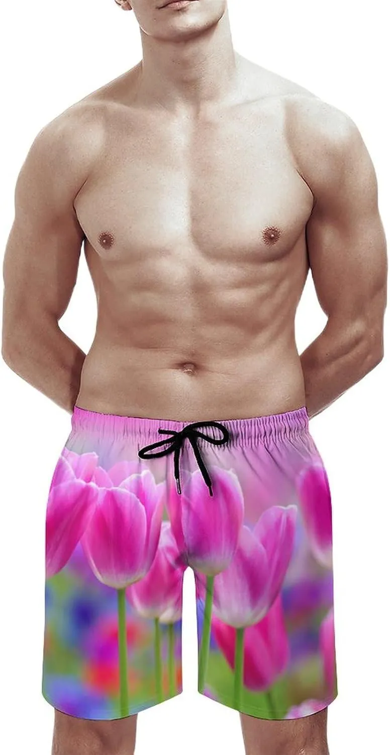 Men's Short Swim Trunks Pink Tulips Landscape Quick Dry Bathing Suit Beach Swimsuits