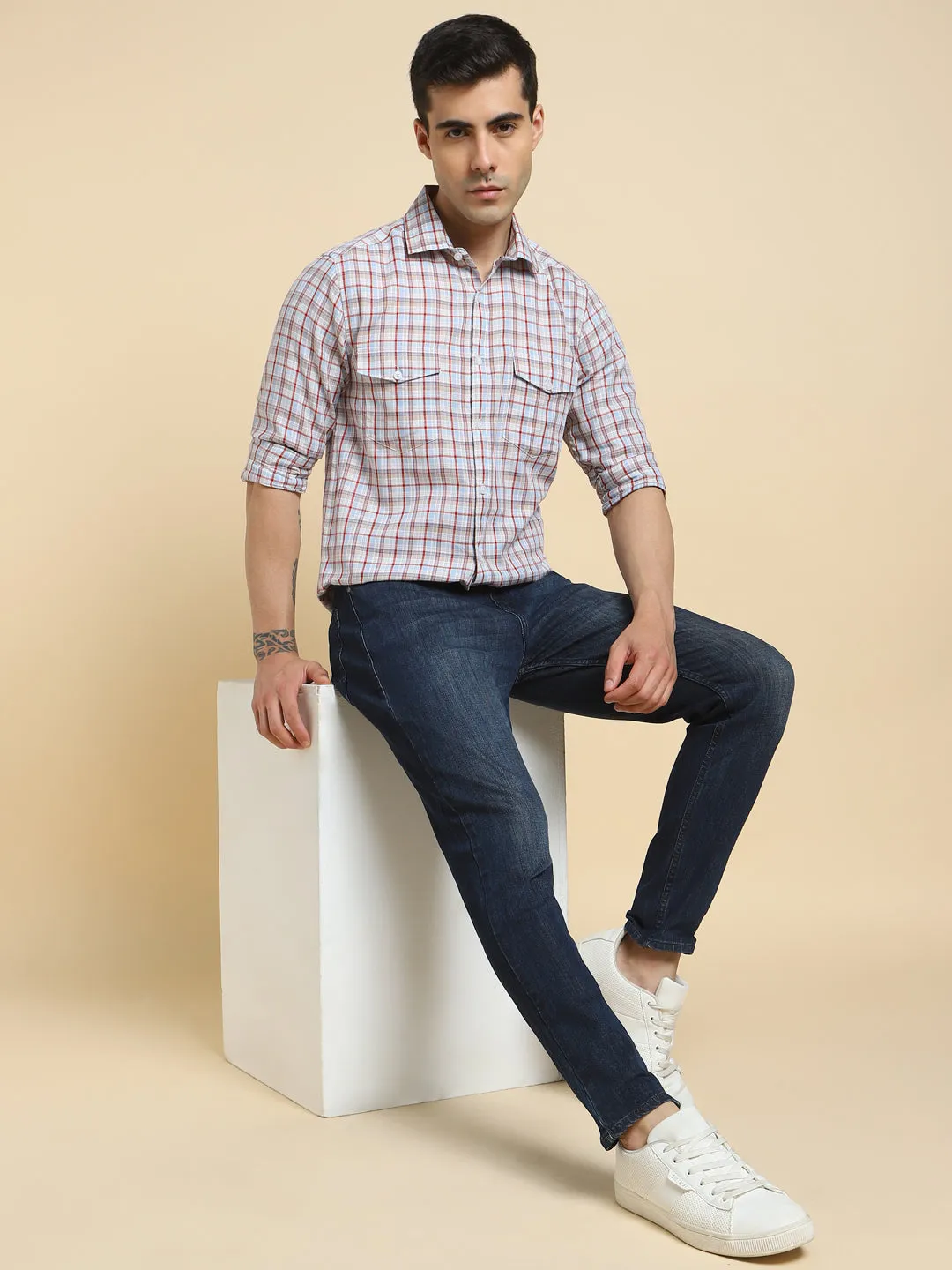 Men's Slim Fit Checked Cotton Casual Shirt