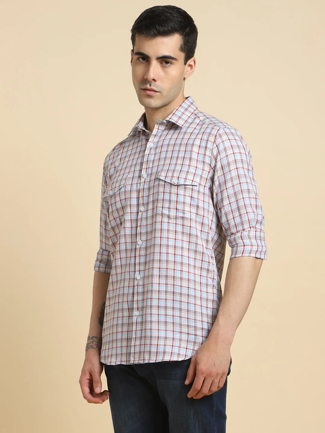 Men's Slim Fit Checked Cotton Casual Shirt
