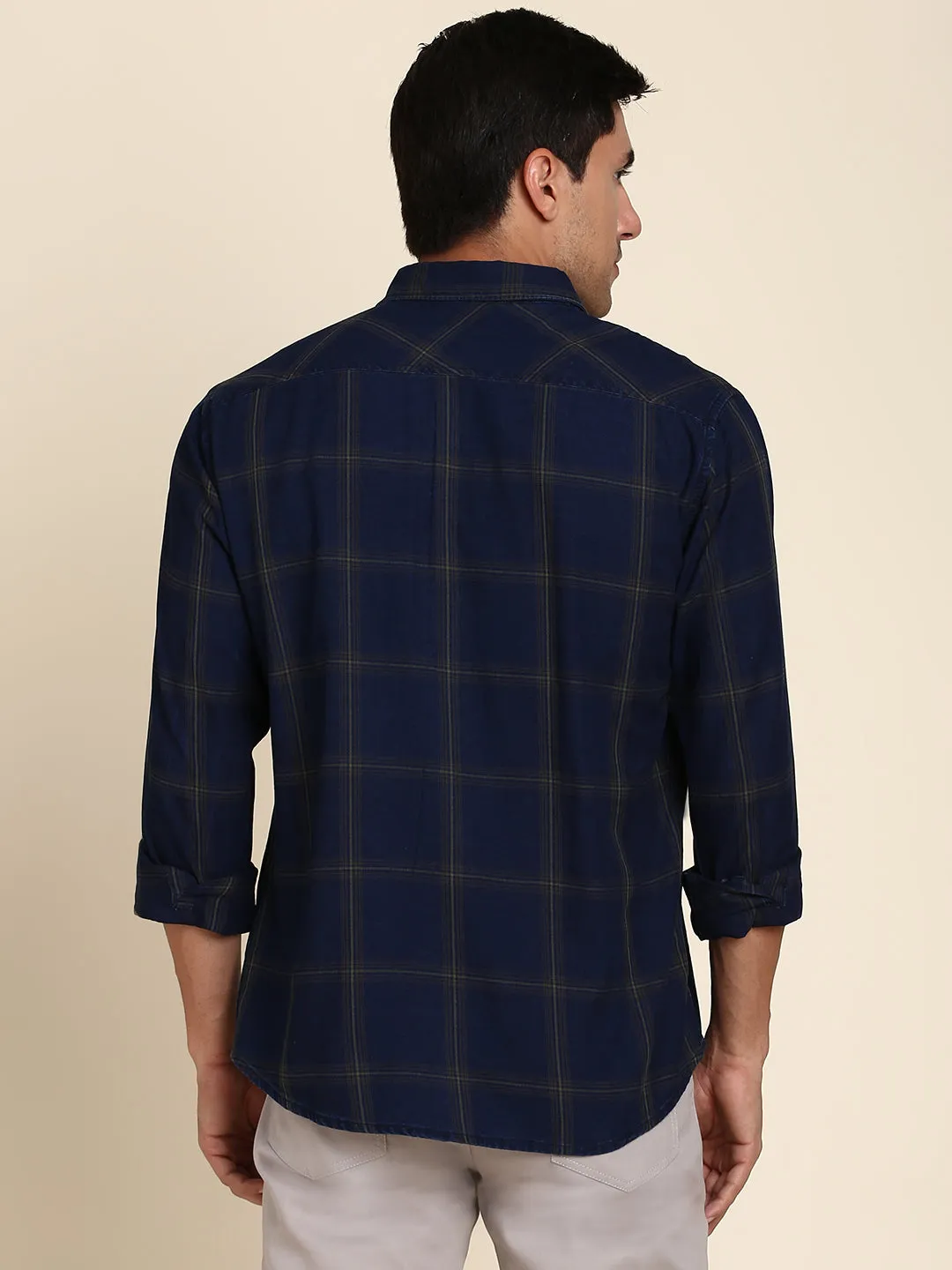 Men's Slim Fit Green Checkered Spread Collar & Full Sleeves Casual Shirt