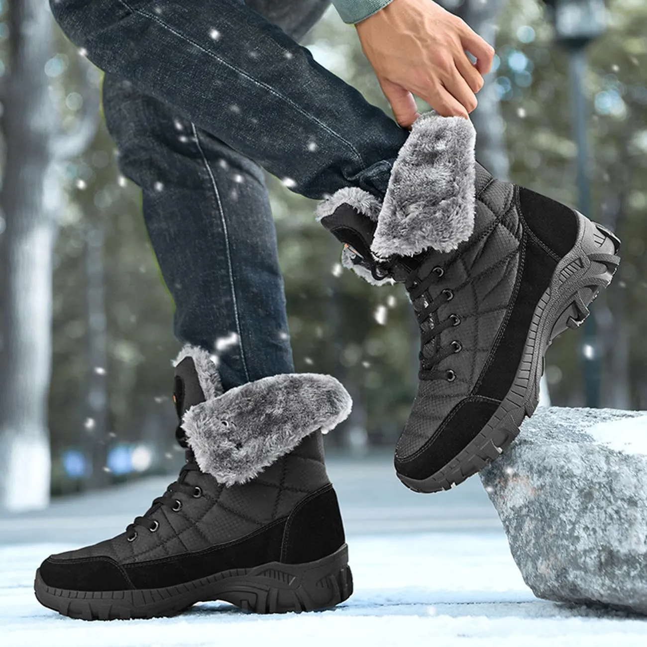 Men's Snow Boots Waterproof Warm Fur Lined Winter Hiking Boots Outdoor Non-slip High-top Shoes