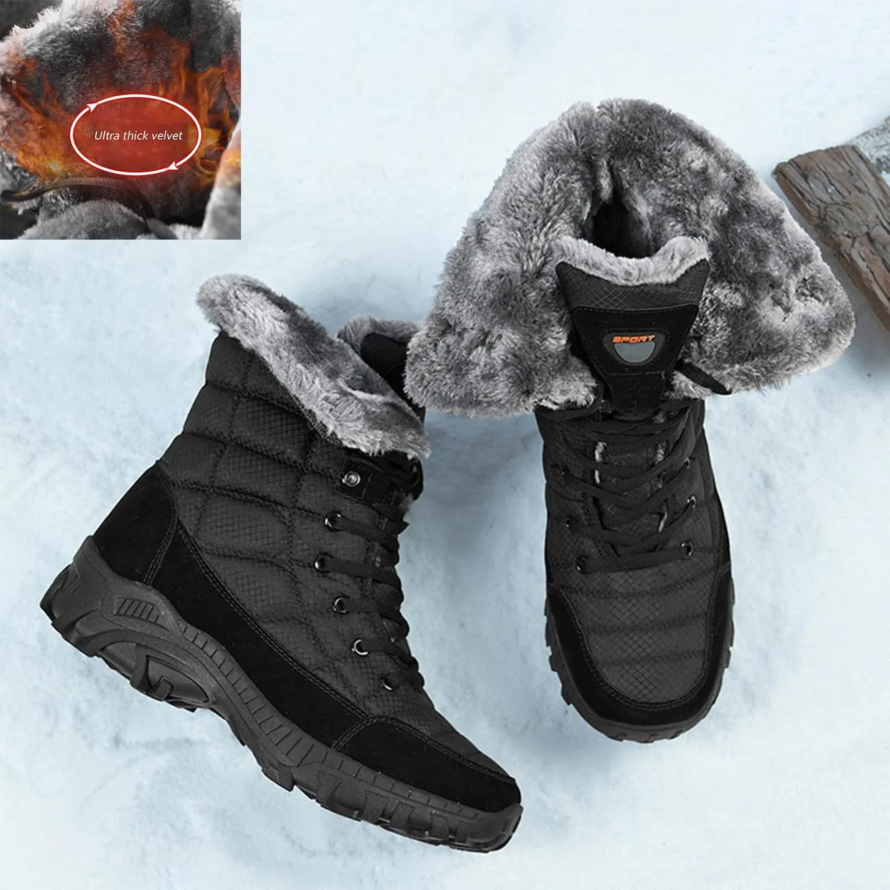 Men's Snow Boots Waterproof Warm Fur Lined Winter Hiking Boots Outdoor Non-slip High-top Shoes