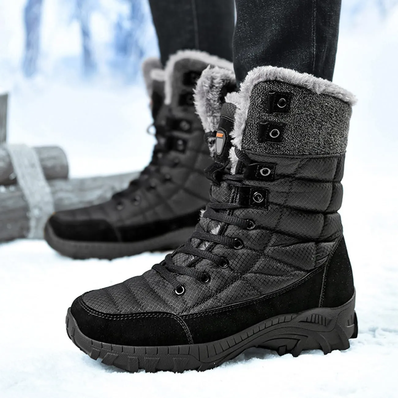 Men's Snow Boots Waterproof Warm Fur Lined Winter Hiking Boots Outdoor Non-slip High-top Shoes