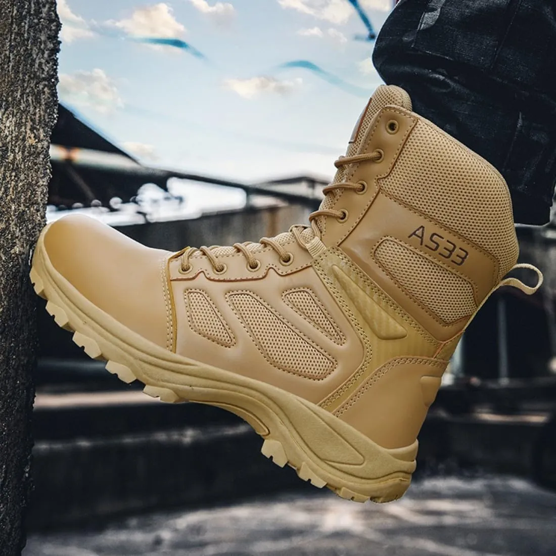 Men's Tactical Ankle Boots: Side Zipper Military Work Boots, Hook & Loop Closure