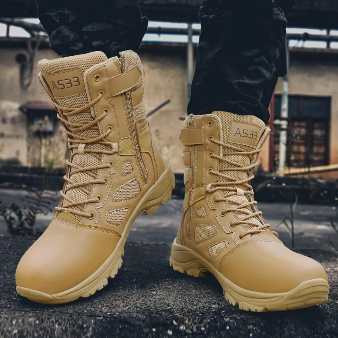 Men's Tactical Ankle Boots: Side Zipper Military Work Boots, Hook & Loop Closure