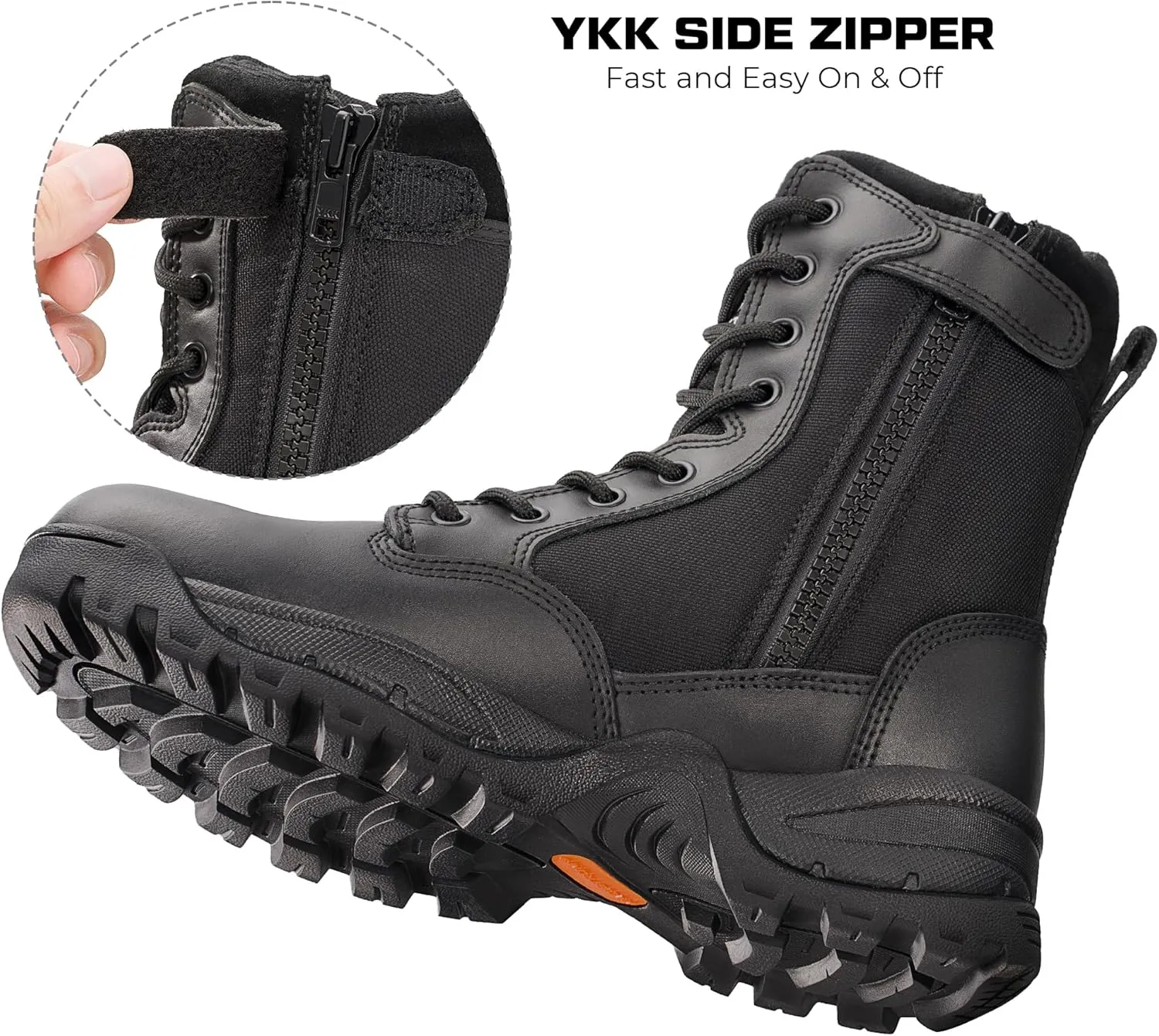 Men's Tactical Work Boots with Side Zipper  Lightweight Leather Military Style, Comfortable, Durable and Breathable for Outdoors