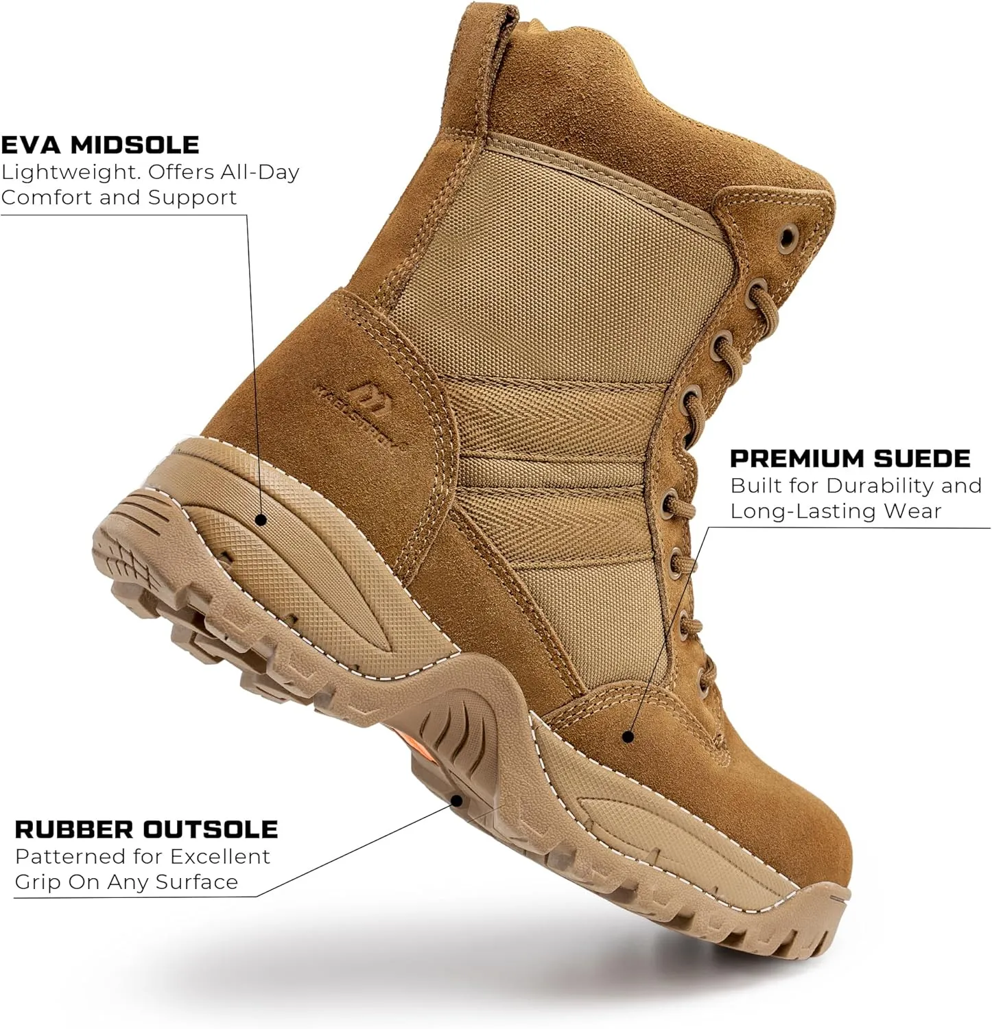 Men's Tactical Work Boots with Side Zipper  Lightweight Leather Military Style, Comfortable, Durable and Breathable for Outdoors