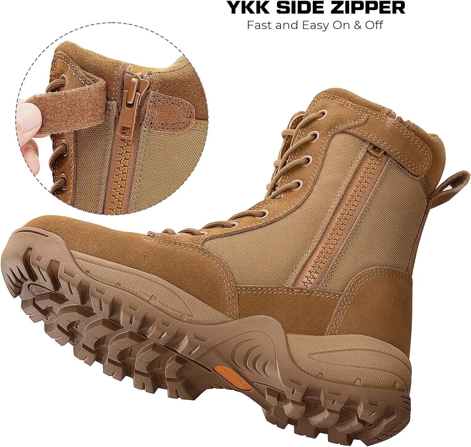 Men's Tactical Work Boots with Side Zipper  Lightweight Leather Military Style, Comfortable, Durable and Breathable for Outdoors