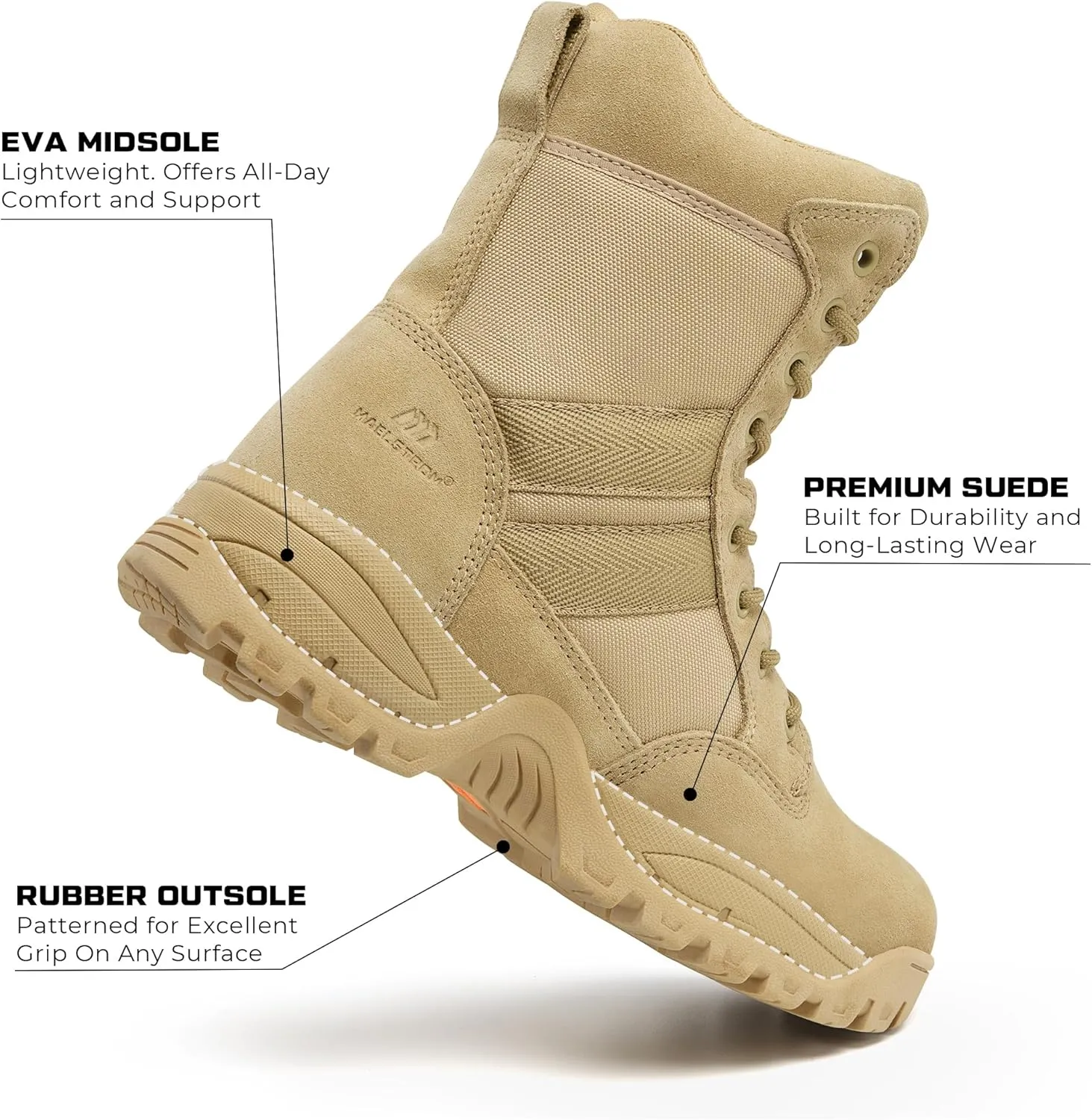 Men's Tactical Work Boots with Side Zipper  Lightweight Leather Military Style, Comfortable, Durable and Breathable for Outdoors