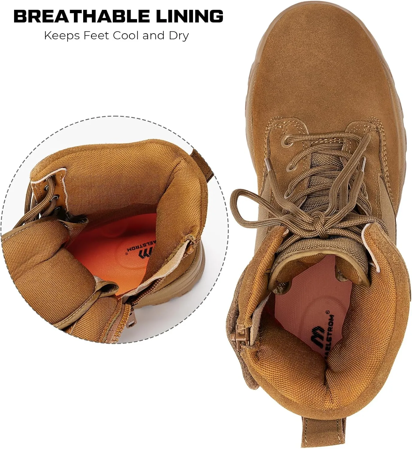 Men's Tactical Work Boots with Side Zipper  Lightweight Leather Military Style, Comfortable, Durable and Breathable for Outdoors