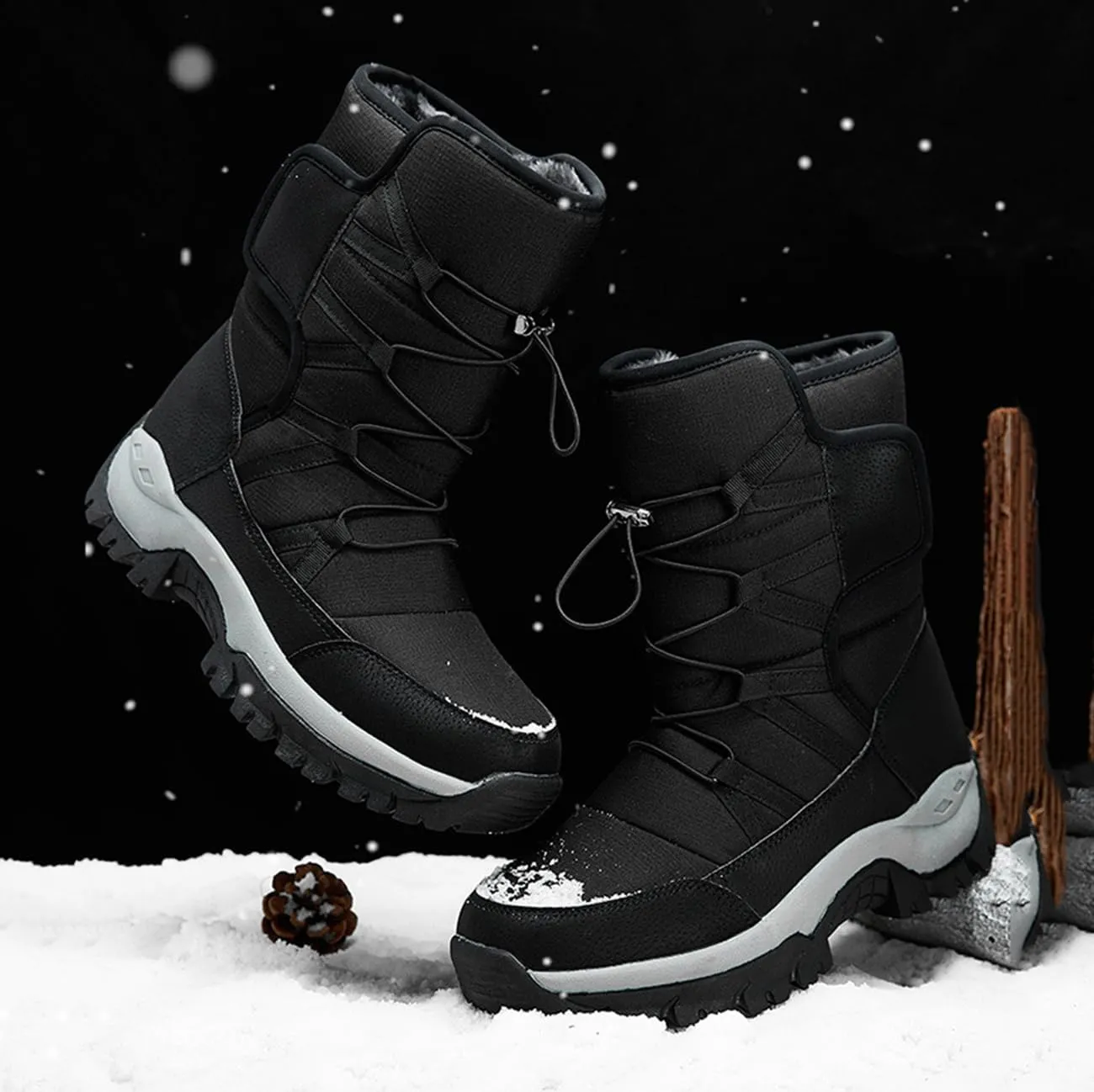 Men's Warm Fur Lined Snow Boots Outdoor Non-Slip Waterproof Hiking Boots Comfortable Winter High-top Shoes