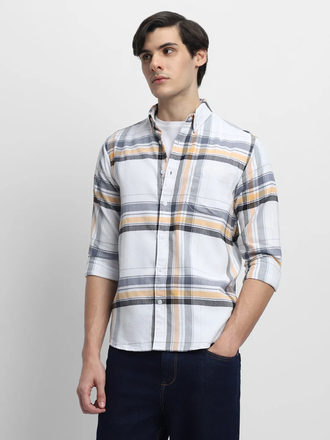Men's White Slim Fit Checked Pure Cotton Casual Shirt