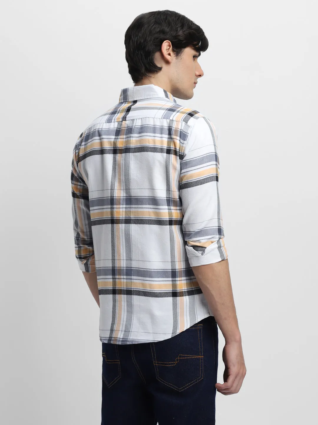 Men's White Slim Fit Checked Pure Cotton Casual Shirt