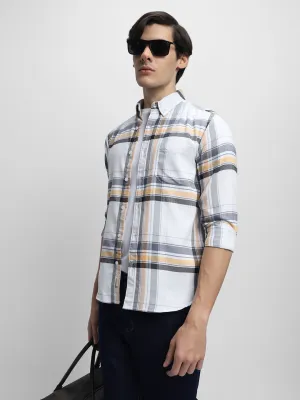 Men's White Slim Fit Checked Pure Cotton Casual Shirt