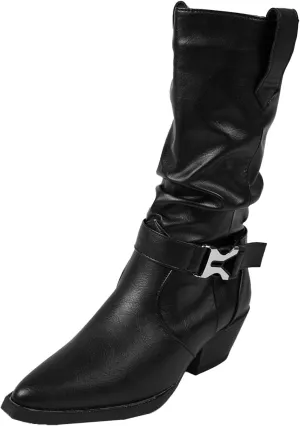 Mid Calf Boots for Women Western Boots Women Retro Pointed Toe Pleated Design Chunky Heel Big Size Western Vintage