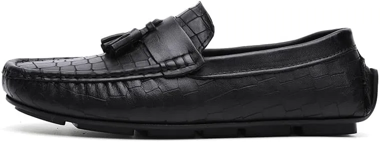 New Mens Loafers Round Toe PU Leather Stone Pattern with Tassel Driving Loafers Comfortable Lightweight Slip Resistant Classic Walking Slip-ons