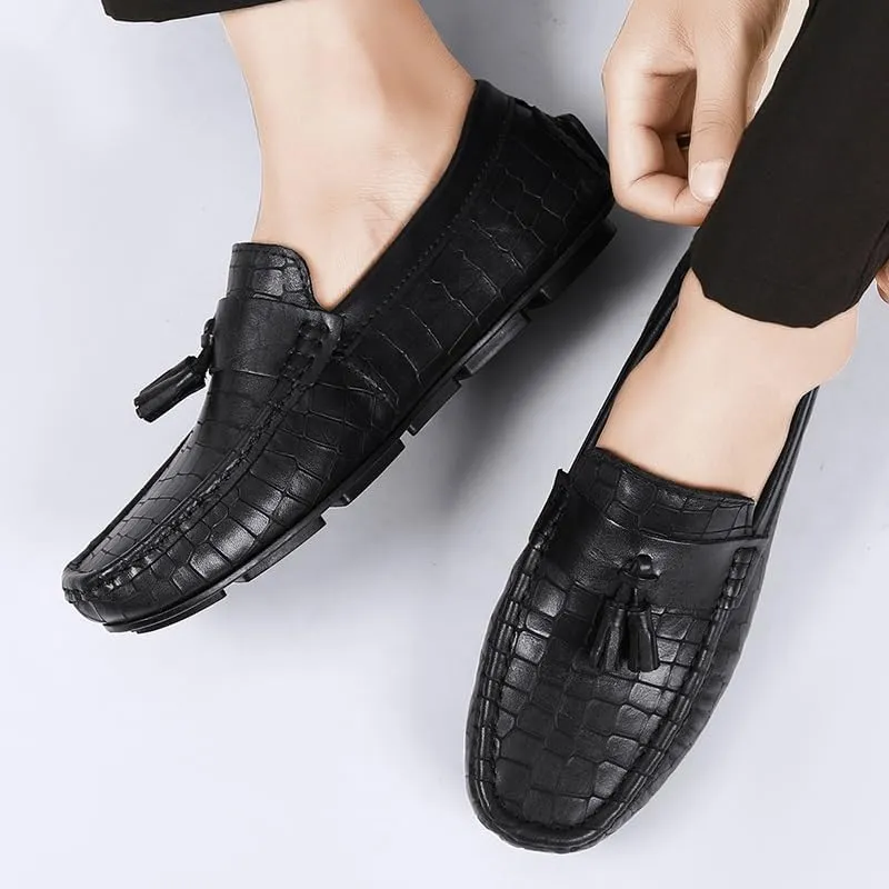 New Mens Loafers Round Toe PU Leather Stone Pattern with Tassel Driving Loafers Comfortable Lightweight Slip Resistant Classic Walking Slip-ons