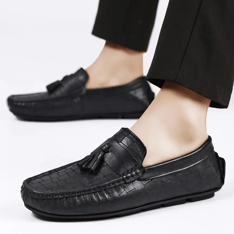 New Mens Loafers Round Toe PU Leather Stone Pattern with Tassel Driving Loafers Comfortable Lightweight Slip Resistant Classic Walking Slip-ons
