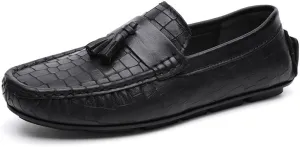 New Mens Loafers Round Toe PU Leather Stone Pattern with Tassel Driving Loafers Comfortable Lightweight Slip Resistant Classic Walking Slip-ons