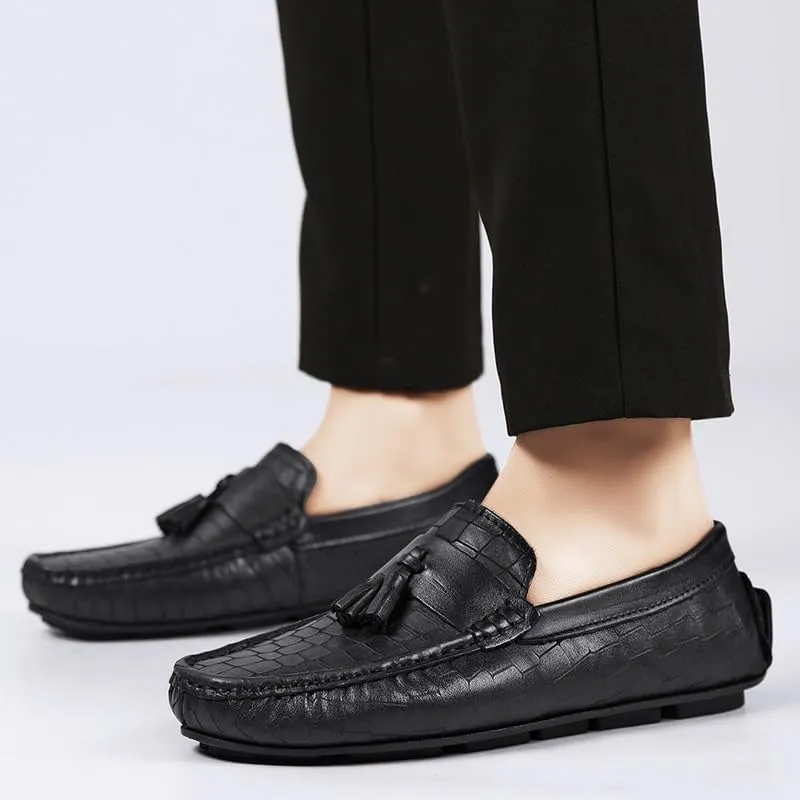 New Mens Loafers Round Toe PU Leather Stone Pattern with Tassel Driving Loafers Comfortable Lightweight Slip Resistant Classic Walking Slip-ons