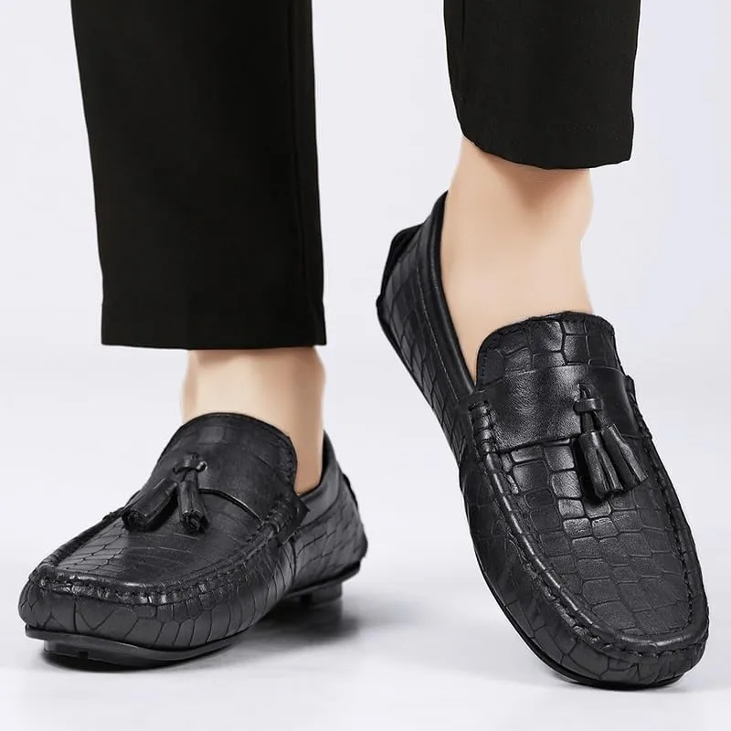 New Mens Loafers Round Toe PU Leather Stone Pattern with Tassel Driving Loafers Comfortable Lightweight Slip Resistant Classic Walking Slip-ons