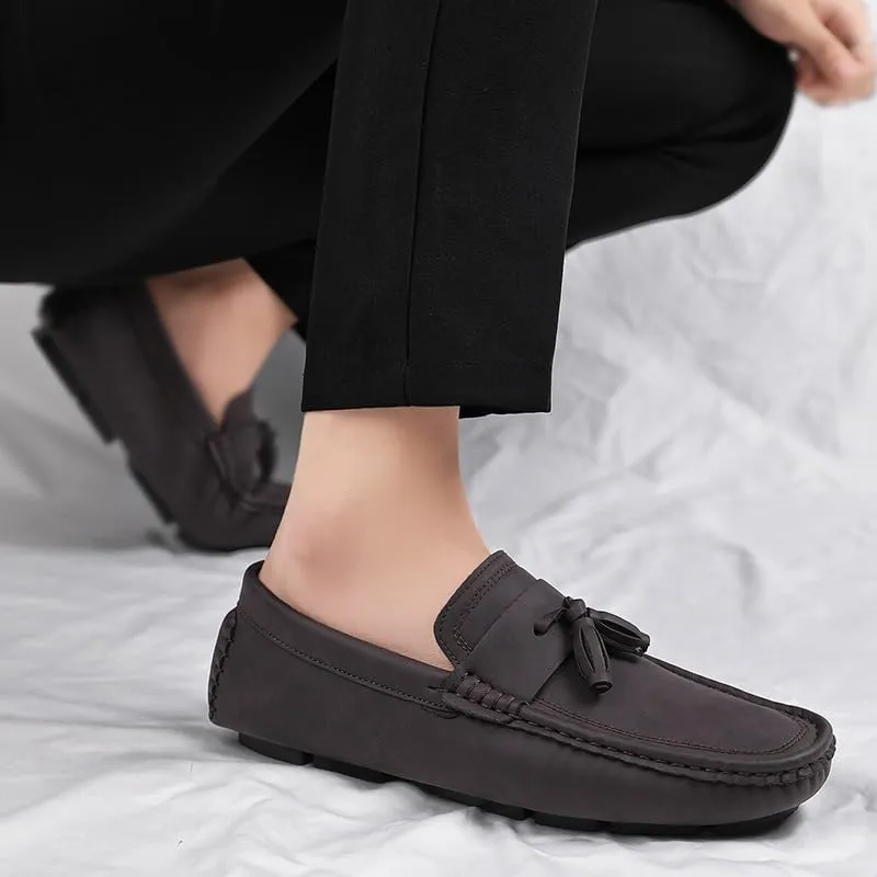 New Mens Loafers Shoe Square Toe PU Leather Driving Penny Loafers with Tassel Comfortable Flat Heel Lightweight Fashion Slip On