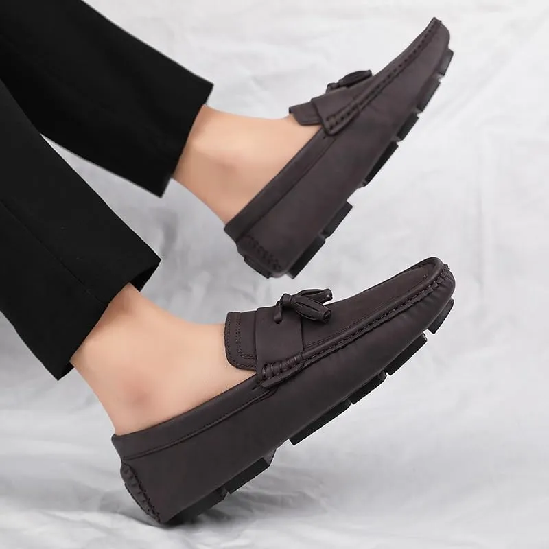 New Mens Loafers Shoe Square Toe PU Leather Driving Penny Loafers with Tassel Comfortable Flat Heel Lightweight Fashion Slip On