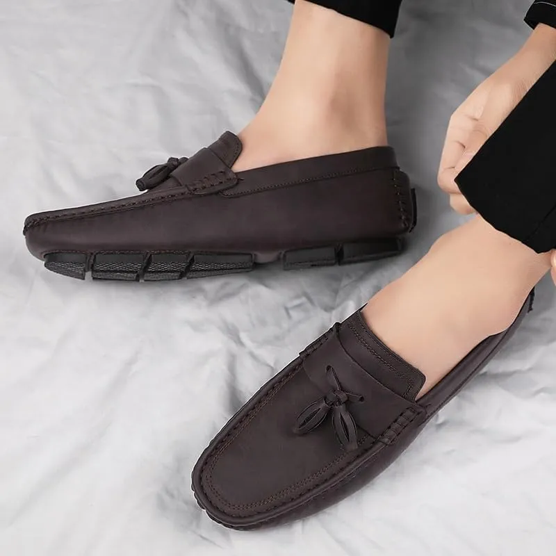New Mens Loafers Shoe Square Toe PU Leather Driving Penny Loafers with Tassel Comfortable Flat Heel Lightweight Fashion Slip On