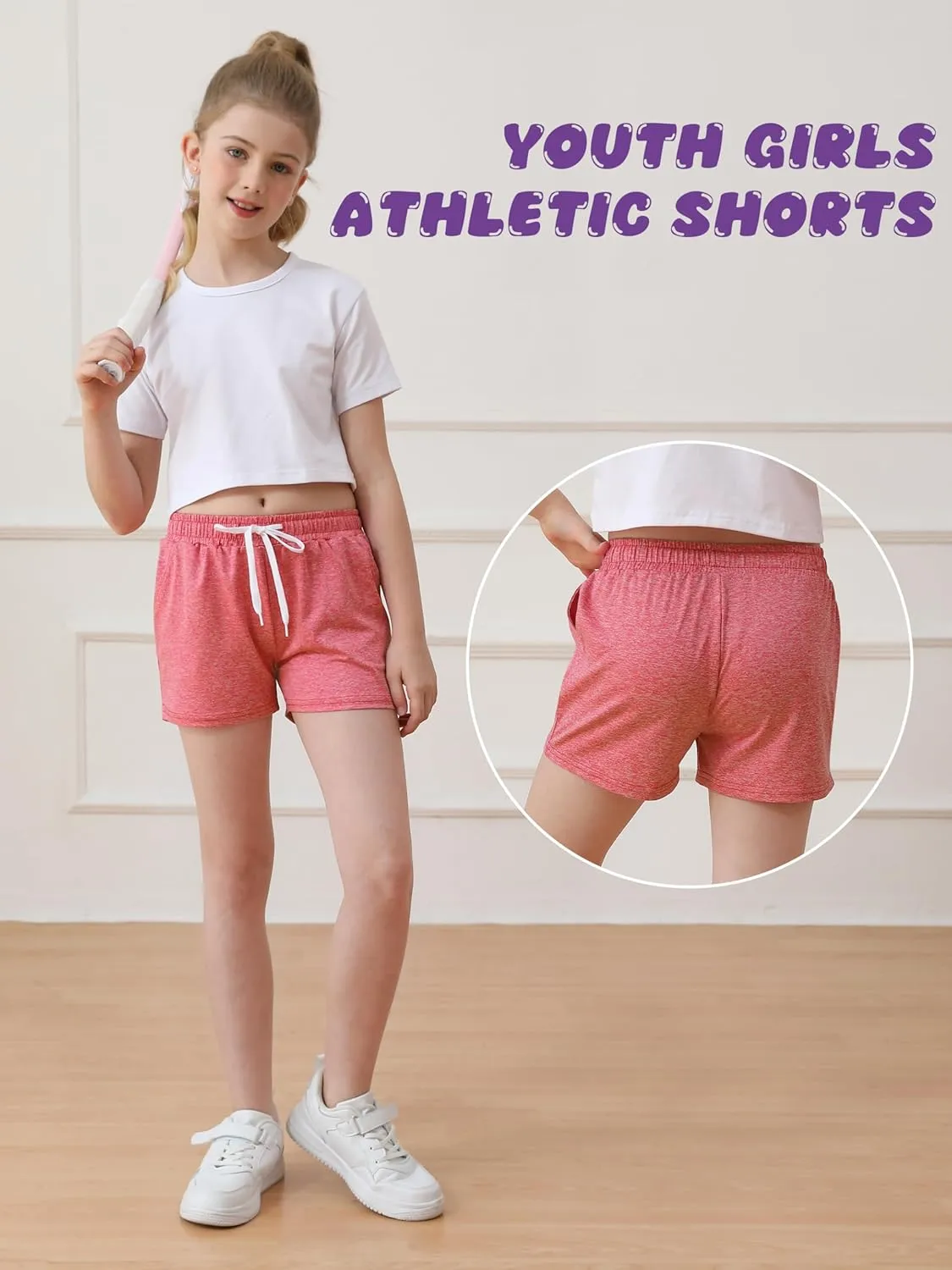 Resinta 5 Packs Youth Girls Athletic Shorts with Drawstring Pockets Girls Soccer Running Shorts for Yoga Workout Dance