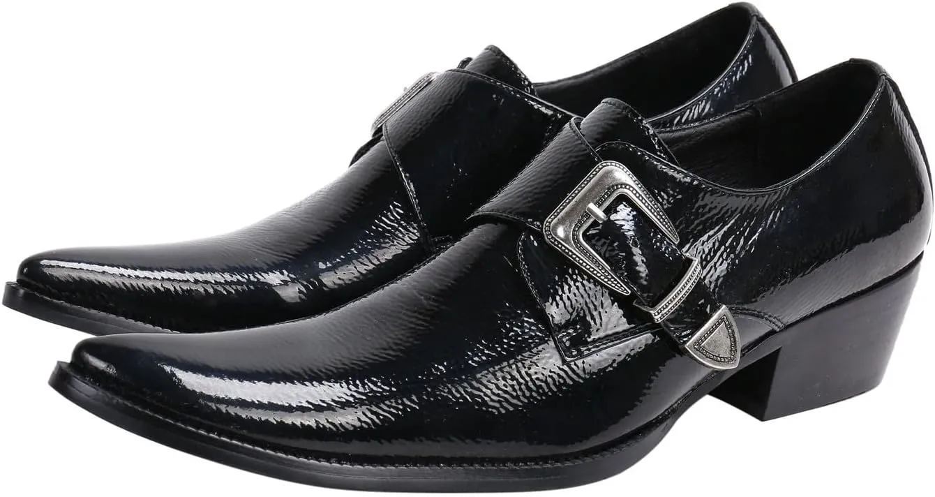 Santimon Men's Patent Leather Dress Shoes with Buckle, Pointed Toe, and Rivet Accents ?C Elegant Casual Loafers for Office, Weddings, Parties & Bar